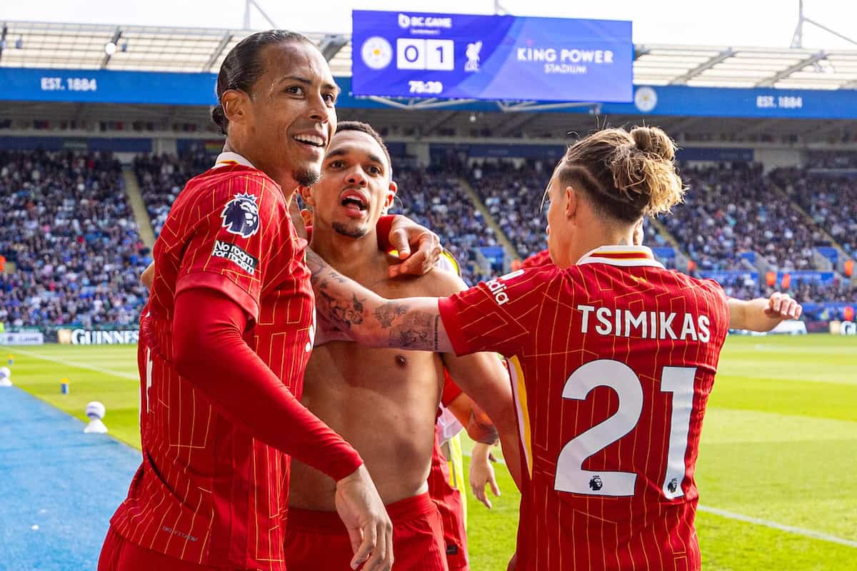 LEICESTER, ENGLAND - Sunday, April 20, 2025: Liverpool's shirtless substitute Trent Alexander-Arnold celebrates scoring the winning goal during the FA Premier League match between Leicester City FC and Liverpool FC at the King Power Stadium. Liverpool won 1-0. (Photo by David Rawcliffe/Propaganda)