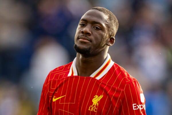 LEICESTER, ENGLAND - Sunday, April 20, 2025: Liverpool's Ibrahima Konaté celebrates after the FA Premier League match between Leicester City FC and Liverpool FC at the King Power Stadium. Liverpool won 1-0. (Photo by David Rawcliffe/Propaganda)