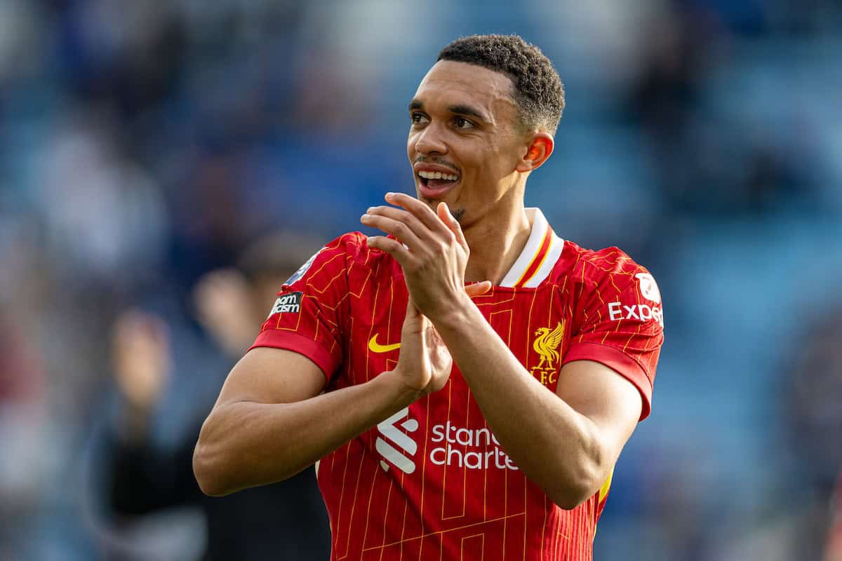 LEICESTER, ENGLAND - Sunday, April 20, 2025: Liverpool's Trent Alexander-Arnold match-winning goal-scorer celebrates after the FA Premier League match between Leicester City FC and Liverpool FC at the King Power Stadium. Liverpool won 1-0.(Photo by David Rawcliffe/Propaganda)