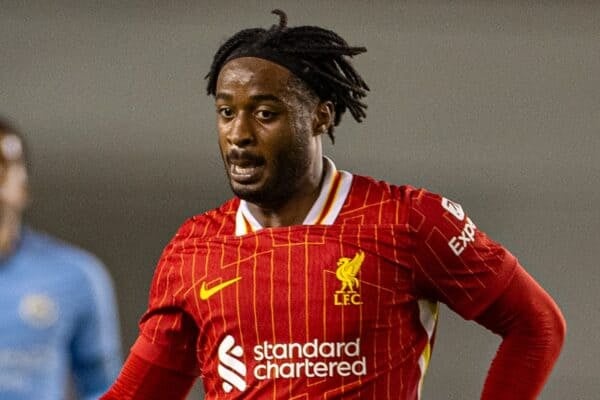 MANCHESTER, ENGLAND - Friday, April 25, 2025: Liverpool's James Balagizi during the Premier League 2 Play-Off Round of 16 match between Manchester City FC Under-21's and Liverpool FC Under-21's at the Joie Stadium. Man City won 2-1 after extra-time. (Photo by David Rawcliffe/Propaganda)