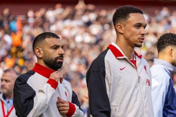 LIVERPOOL, ENGLAND - Sunday, April 27, 2025: Liverpool's Mohamed Salah and Trent Alexander-Arnold walks out before the FA Premier League match between Liverpool FC and Tottenham Hotspur FC at Anfield. Liverpool won 5-1 and became League Champions. (Photo by David Rawcliffe/Propaganda)