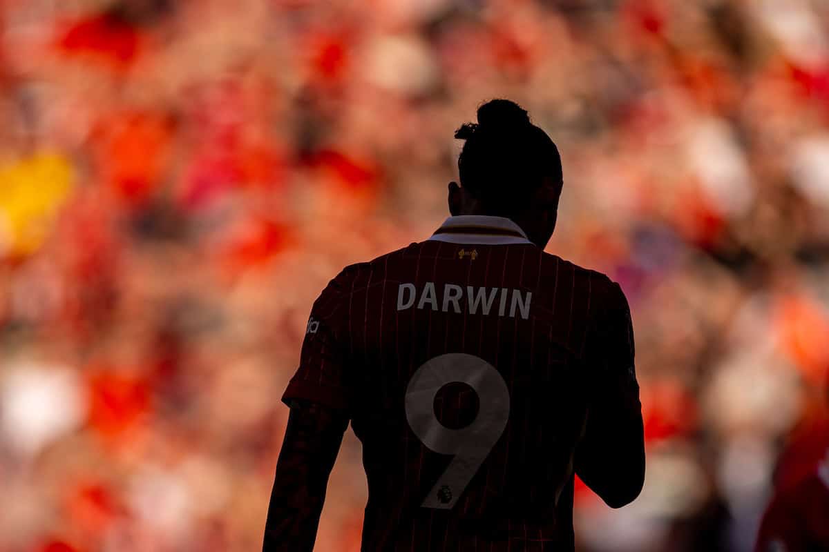 LIVERPOOL, ENGLAND - Sunday, April 27, 2025: Liverpool's Darwin Núñez during the FA Premier League match between Liverpool FC and Tottenham Hotspur FC at Anfield. Liverpool won 5-1 and became League Champions. (Photo by David Rawcliffe/Propaganda)