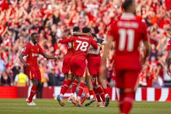 LIVERPOOL, ENGLAND - Sunday, April 27, 2025: Liverpool's Ibrahima Konaté celebrates after the FA Premier League match between Liverpool FC and Tottenham Hotspur FC at Anfield. Liverpool won 5-1 and became League Champions. (Photo by David Rawcliffe/Propaganda)