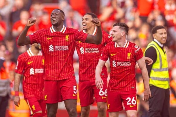 LIVERPOOL, ENGLAND - Sunday, April 27, 2025: Liverpool's Ibrahima Konaté (L) and Andy Robertson celebrate after winning the League Title after the FA Premier League match between Liverpool FC and Tottenham Hotspur FC at Anfield. Liverpool won 5-1. (Photo by David Rawcliffe/Propaganda)