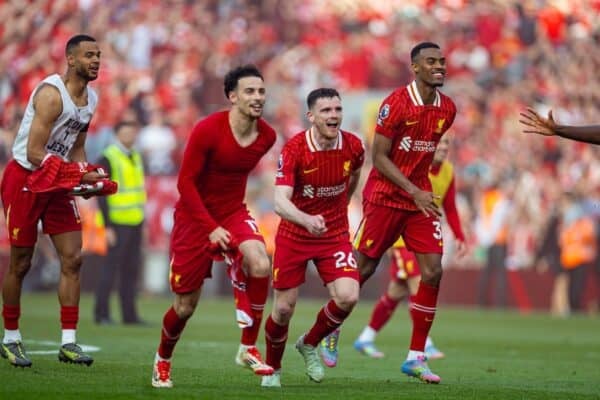 LIVERPOOL, ENGLAND - Sunday, April 27, 2025: Liverpool's Cody Gakpo, Curtis Jones, Andy Robertson, Ryan Gravenberch celebrate after the FA Premier League match between Liverpool FC and Tottenham Hotspur FC at Anfield. Liverpool won 5-1 and became League Champions. (Photo by David Rawcliffe/Propaganda)