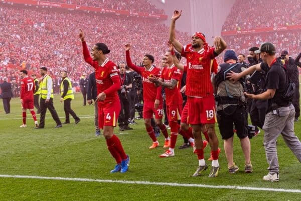 LIVERPOOL, ENGLAND - Sunday, April 27, 2025: Liverpool's Cody Gakpo celebrarte after the FA Premier League match between Liverpool FC and Tottenham Hotspur FC at Anfield. Liverpool won 5-1 and became League Champions. (Photo by David Rawcliffe/Propaganda)