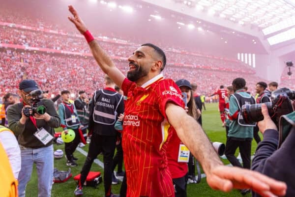 LIVERPOOL, ENGLAND - Sunday, April 27, 2025: Liverpool's Mohamed Salah celebrates after winning the League Title after the FA Premier League match between Liverpool FC and Tottenham Hotspur FC at Anfield. Liverpool won 5-1. (Photo by David Rawcliffe/Propaganda)