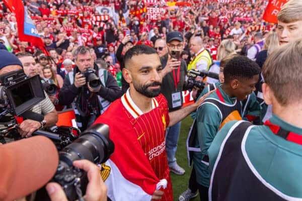 LIVERPOOL, ENGLAND - Sunday, April 27, 2025: Liverpool's Mohamed Salah celebrates after the FA Premier League match between Liverpool FC and Tottenham Hotspur FC at Anfield. Liverpool won 5-1 and became League Champions. (Photo by David Rawcliffe/Propaganda)