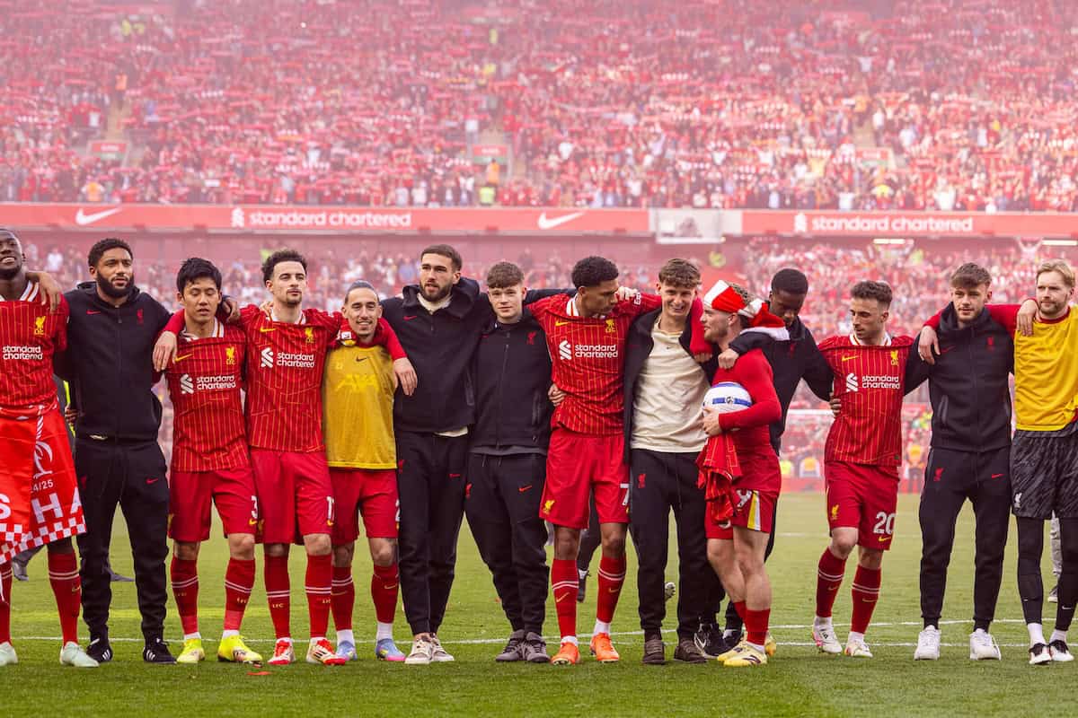 LIVERPOOL, ENGLAND - Sunday, April 27, 2025: Liverpool's Ibrahima Konaté, Joe Gomez, Wataru Endo, Curtis Jones, Kostas Tsimikas, Harvey Davies, James McConnell, Jarell Quansah, Tyler Morton, Harvey Elliott, Trey Nyoni, Diogo Jota, Conor Bradley, Caoimhin Kelleher celebrate after the FA Premier League match between Liverpool FC and Tottenham Hotspur FC at Anfield. Liverpool won 5-1 and became League Champions. (Photo by David Rawcliffe/Propaganda)