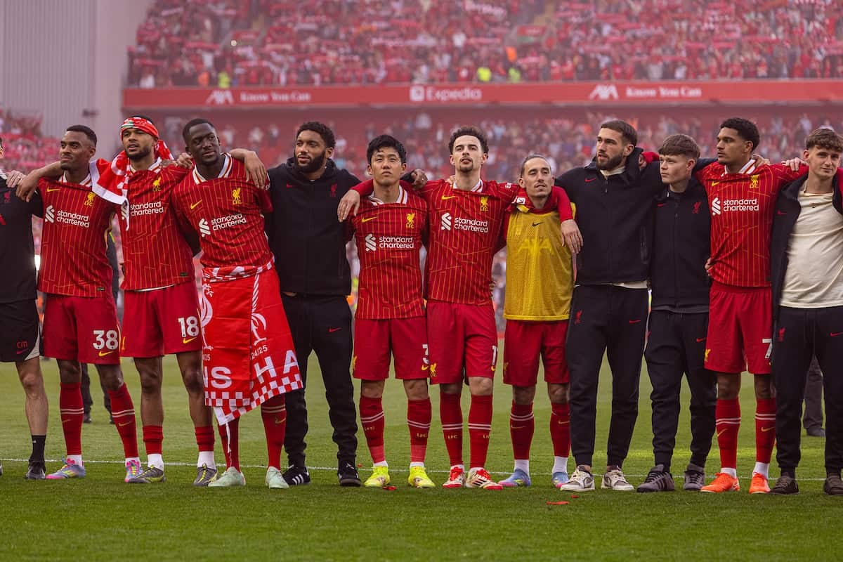 LIVERPOOL, ENGLAND - Sunday, April 27, 2025: Liverpool's Ryan Gravenberch, Cody Gakpo, Ibrahima Konaté, Joe Gomez, Wataru Endo, Curtis Jones, Kostas Tsimikas, Harvey Davies, James McConnell, Jarell Quansah, Tyler Morton celebrate after the FA Premier League match between Liverpool FC and Tottenham Hotspur FC at Anfield. Liverpool won 5-1 and became League Champions. (Photo by David Rawcliffe/Propaganda)