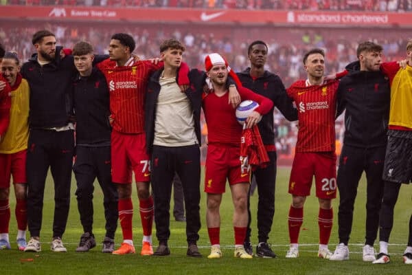 LIVERPOOL, ENGLAND - Sunday, April 27, 2025: Liverpool's Harvey Davies, James McConnell, Jarell Quansah, Tyler Morton, Curtis Jones, Trey Nyoni, Diogo Jota, Conor Bradley celebrate after the FA Premier League match between Liverpool FC and Tottenham Hotspur FC at Anfield. Liverpool won 5-1 and became League Champions. (Photo by David Rawcliffe/Propaganda)