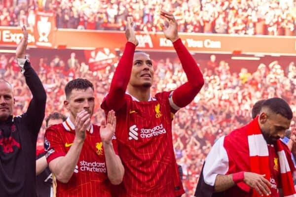 LIVERPOOL, ENGLAND - Sunday, April 27, 2025: Liverpool's Andy Robertson, captain Virgil van Dijk, Mohamed Salah, Darwin Núñez, Luis Díaz celebrate after the FA Premier League match between Liverpool FC and Tottenham Hotspur FC at Anfield. Liverpool won 5-1 and became League Champions. (Photo by David Rawcliffe/Propaganda)