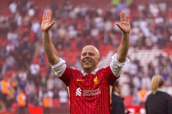 LIVERPOOL, ENGLAND - Sunday, April 27, 2025: Liverpool's head coach Arne Slot celebrates after during the FA Premier League match between Liverpool FC and Tottenham Hotspur FC at Anfield. Liverpool won 5-1 and became League Champions. (Photo by David Rawcliffe/Propaganda)