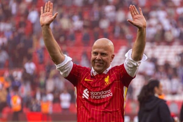 LIVERPOOL, ENGLAND - Sunday, April 27, 2025: Liverpool's head coach Arne Slot celebrates after during the FA Premier League match between Liverpool FC and Tottenham Hotspur FC at Anfield. Liverpool won 5-1 and became League Champions. (Photo by David Rawcliffe/Propaganda)