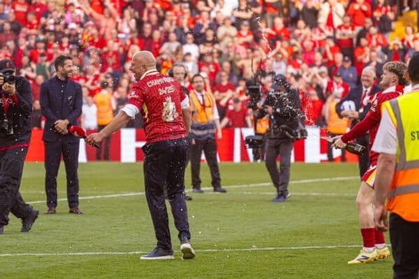 LIVERPOOL, ENGLAND - Sunday, April 27, 2025: Liverpool's head coach Arne Slot celebrates after the FA Premier League match between Liverpool FC and Tottenham Hotspur FC at Anfield. Liverpool won 5-1 and became League Champions. (Photo by David Rawcliffe/Propaganda)