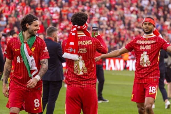 LIVERPOOL, ENGLAND - Sunday, April 27, 2025: Liverpool's Curtis Jones (L) takes a video of Cody Gakpo as they celebrate after the FA Premier League match between Liverpool FC and Tottenham Hotspur FC at Anfield. Liverpool won 5-1 and became League Champions. (Photo by David Rawcliffe/Propaganda)