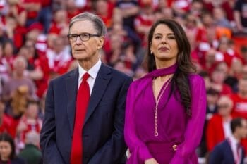 LIVERPOOL, ENGLAND - Sunday, April 27, 2025: Liverpool's owner John W. Henry and wife Linda Pizzuti during the FA Premier League match between Liverpool FC and Tottenham Hotspur FC at Anfield. Liverpool won 5-1 and became League Champions. (Photo by David Rawcliffe/Propaganda) Football – FA Premier League – Liverpool FC v Tottenham Hotspur FC