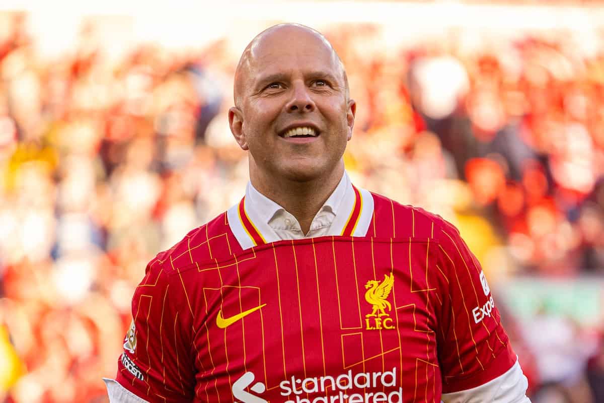 LIVERPOOL, ENGLAND - Sunday, April 27, 2025: Liverpool's head coach Arne Slot celebrates after winning the League Title after the FA Premier League match between Liverpool FC and Tottenham Hotspur FC at Anfield. Liverpool won 5-1. (Photo by David Rawcliffe/Propaganda)