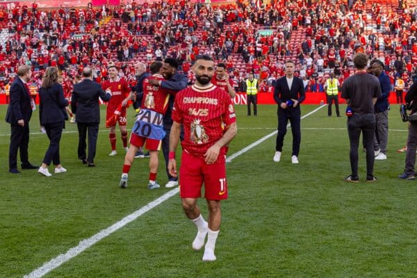 LIVERPOOL, ENGLAND - Sunday, April 27, 2025: Liverpool's Mohamed Salah after the FA Premier League match between Liverpool FC and Tottenham Hotspur FC at Anfield. Liverpool won 5-1 and became League Champions. (Photo by David Rawcliffe/Propaganda)