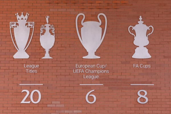 LIVERPOOL, ENGLAND - Monday, April 28, 2025: Liverpool's Champions Wall at Anfield, updated with 20 League Titles following the club's Premier League title success. Liverpool became Champions of England, with four games to spare, winning their 20th League Title after a 5-1 victory over Tottenham Hotspur on Sunday. (Photo by David Rawcliffe/Propaganda)