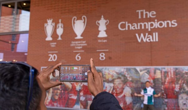 LIVERPOOL, ENGLAND - Monday, April 28, 2025: Supporters visit Liverpool's Champions Wall at Anfield, updated with 20 League Titles following the club's Premier League title success. Liverpool became Champions of England, with four games to spare, winning their 20th League Title after a 5-1 victory over Tottenham Hotspur on Sunday. (Photo by David Rawcliffe/Propaganda)