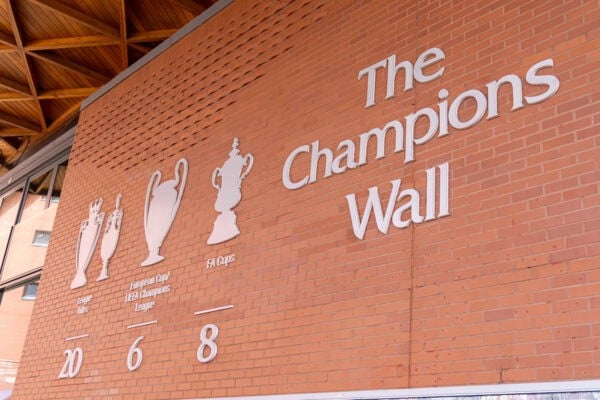 LIVERPOOL, ENGLAND - Monday, April 28, 2025: Liverpool's Champions Wall at Anfield, updated with 20 League Titles following the club's Premier League title success. Liverpool became Champions of England, with four games to spare, winning their 20th League Title after a 5-1 victory over Tottenham Hotspur on Sunday. (Photo by David Rawcliffe/Propaganda)