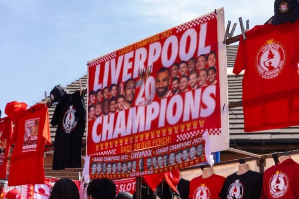 LIVERPOOL, ENGLAND - Sunday, May 11, 2025: Champions merchandise on sale before the FA Premier League match between Liverpool FC and Arsenal FC at Anfield. The game ended in a 2-2 draw. (Photo by David Rawcliffe/Propaganda)
