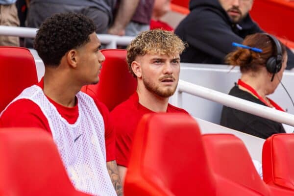 LIVERPOOL, ENGLAND - Sunday, May 11, 2025: Liverpool's substitute Harvey Elliott on the bench before the FA Premier League match between Liverpool FC and Arsenal FC at Anfield. The game ended in a 2-2 draw. (Photo by David Rawcliffe/Propaganda)