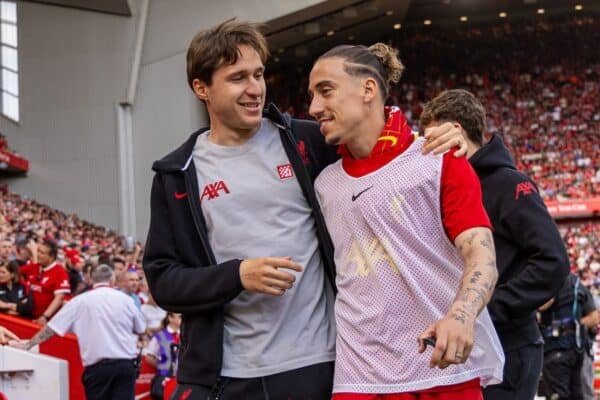 LIVERPOOL, ENGLAND - Sunday, May 11, 2025: Liverpool's Federico Chiesa (L) and Kostas Tsimikas and Tyler Morton during the FA Premier League match between Liverpool FC and Arsenal FC at Anfield. The game ended in a 2-2 draw. (Photo by David Rawcliffe/Propaganda)