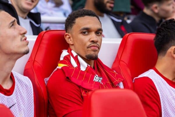 LIVERPOOL, ENGLAND - Sunday, May 11, 2025: Liverpool's substitute Trent Alexander-Arnold on the bench before the FA Premier League match between Liverpool FC and Arsenal FC at Anfield. The game ended in a 2-2 draw. (Photo by David Rawcliffe/Propaganda)