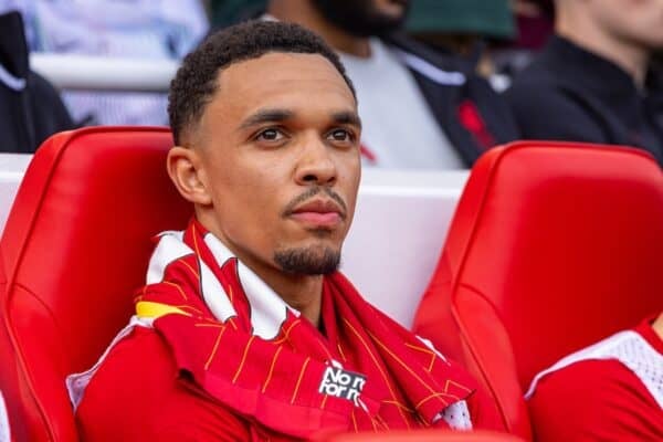 LIVERPOOL, ENGLAND - Sunday, May 11, 2025: Liverpool's substitute Trent Alexander-Arnold on the bench before the FA Premier League match between Liverpool FC and Arsenal FC at Anfield. The game ended in a 2-2 draw. (Photo by David Rawcliffe/Propaganda)