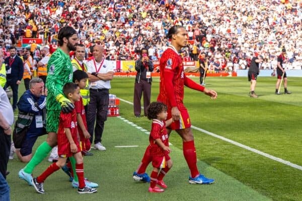 LIVERPOOL, ENGLAND - Sunday, May 11, 2025: Liverpool's captain Virgil van Dijk leads is side out before during the FA Premier League match between Liverpool FC and Arsenal FC at Anfield. The game ended in a 2-2 draw. (Photo by David Rawcliffe/Propaganda)