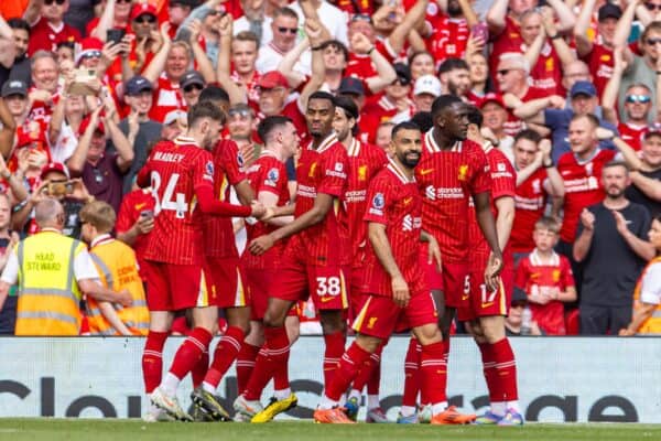 LIVERPOOL, ENGLAND - Sunday, May 11, 2025: Liverpool's Luis Díaz (hidden) celebrates with team-mates after scoring his side's second goal during the FA Premier League match between Liverpool FC and Arsenal FC at Anfield. The game ended in a 2-2 draw. (Photo by David Rawcliffe/Propaganda)