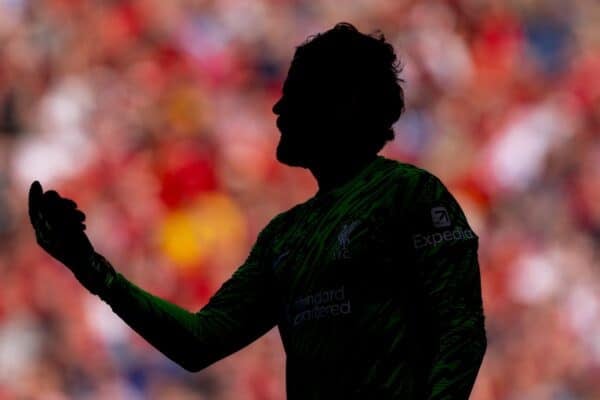 LIVERPOOL, ENGLAND - Sunday, May 11, 2025: Liverpool's goalkeeper Alisson Becker during the FA Premier League match between Liverpool FC and Arsenal FC at Anfield. The game ended in a 2-2 draw. (Photo by David Rawcliffe/Propaganda)