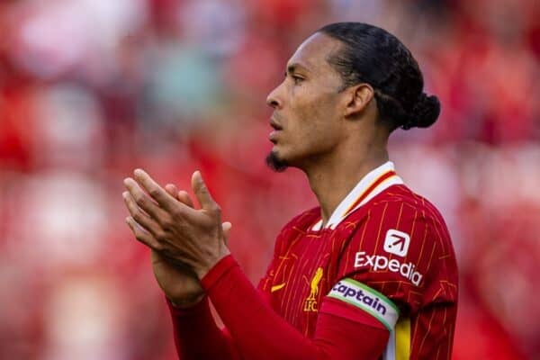 LIVERPOOL, ENGLAND - Sunday, May 11, 2025: Liverpool's captain Virgil van Dijk applauds the supporters after the FA Premier League match between Liverpool FC and Arsenal FC at Anfield. The game ended in a 2-2 draw. (Photo by David Rawcliffe/Propaganda)