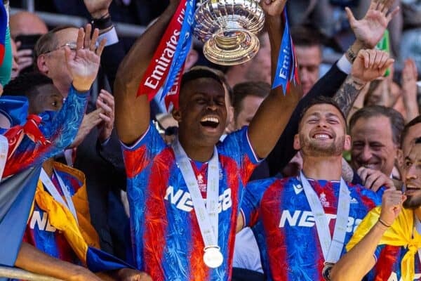 LONDON, ENGLAND - Saturday, May 17, 2025: Crystal Palace's Marc Guéhi lifts the trophy after the FA Cup Final between Crystal Palace FC and Manchester City FC at Wembley Stadium. Crystal Palace won 1-0. (Photo by Harry Murphy/Propaganda)