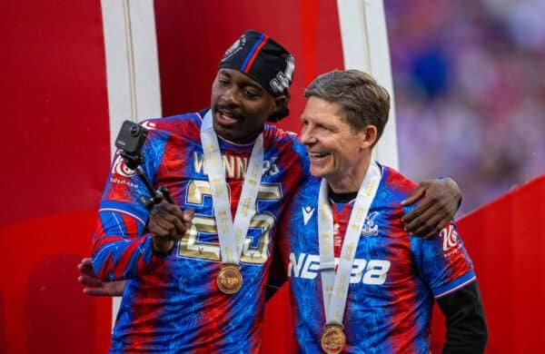 LONDON, ENGLAND - Saturday, May 17, 2025: Crystal Palace's Jean-Philippe Mateta (L) and manager Oliver Glasner celebrate after the FA Cup Final between Crystal Palace FC and Manchester City FC at Wembley Stadium. Crystal Palace won 1-0. (Photo by Harry Murphy/Propaganda)