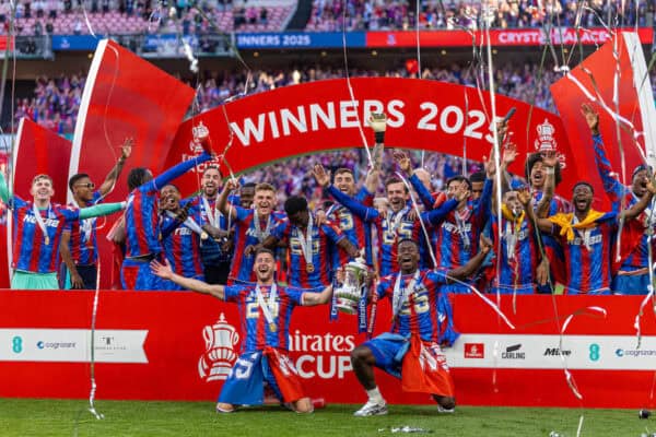 LONDON, ENGLAND - Saturday, May 17, 2025: Crystal Palace's Joel Ward (L) and Marc Guéhi (R) celebrate with team-mates and the trophy after the FA Cup Final between Crystal Palace FC and Manchester City FC at Wembley Stadium. Crystal Palace won 1-0. (Photo by Harry Murphy/Propaganda)
