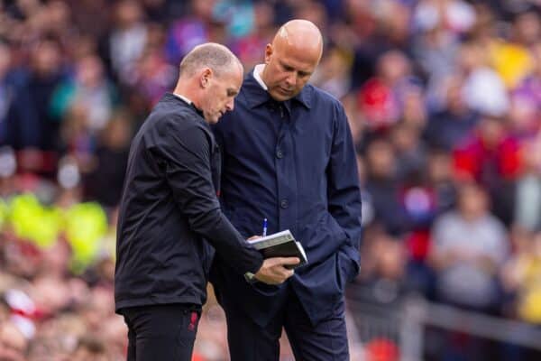 LIVERPOOL, ENGLAND - Sunday, May 25, 2025: Liverpool's head coach Arne Slot (R) and first assistant coach Sipke Hulshoff during the FA Premier League match between Liverpool FC and Crystal Palace FC at Anfield. (Photo by David Rawcliffe/Propaganda)