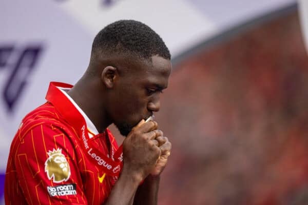 LIVERPOOL, ENGLAND - Sunday, May 25, 2025: Liverpool's Ibrahima Konaté kisses his winners' medals after the FA Premier League match between Liverpool FC and Crystal Palace FC at Anfield. (Photo by David Rawcliffe/Propaganda)