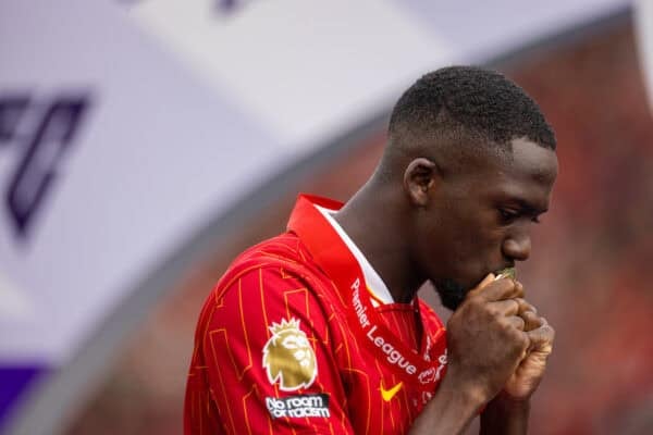 LIVERPOOL, ENGLAND - Sunday, May 25, 2025: Liverpool's Ibrahima Konaté kisses his winners' medals after the FA Premier League match between Liverpool FC and Crystal Palace FC at Anfield. (Photo by David Rawcliffe/Propaganda)