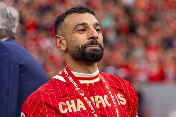LIVERPOOL, ENGLAND - Sunday, May 25, 2025: Liverpool's Mohamed Salah with his winners' medal after the FA Premier League match between Liverpool FC and Crystal Palace FC at Anfield. (Photo by David Rawcliffe/Propaganda)