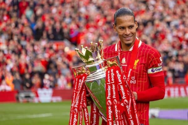 LIVERPOOL, ENGLAND - Sunday, May 25, 2025: Liverpool's Virgil van Dijk with the trophy, as the Reds celebrate being crowned Champions for the 20th time, during the FA Premier League match between Liverpool FC and Crystal Palace FC at Anfield. (Photo by David Rawcliffe/Propaganda)