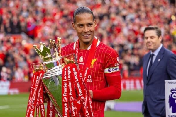 LIVERPOOL, ENGLAND - Sunday, May 25, 2025: Liverpool's Virgil van Dijk with the trophy, as the Reds celebrate being crowned Champions for the 20th time, during the FA Premier League match between Liverpool FC and Crystal Palace FC at Anfield. (Photo by David Rawcliffe/Propaganda)