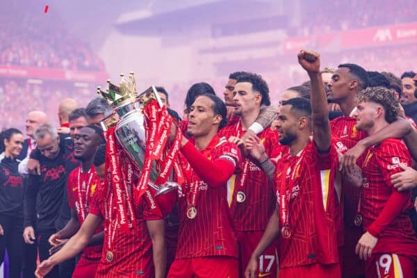 LIVERPOOL, ENGLAND - Sunday, May 25, 2025: Liverpool's captain Virgil van Dijk lifts the trophy, as the Reds celebrate being crowned Champions for the 20th time, during the FA Premier League match between Liverpool FC and Crystal Palace FC at Anfield. (Photo by David Rawcliffe/Propaganda)