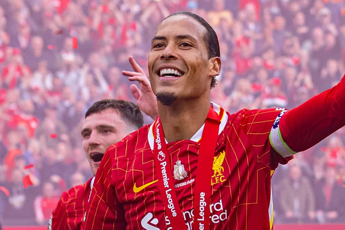 LIVERPOOL, ENGLAND - Sunday, May 25, 2025: Liverpool's captain Virgil van Dijk dances after the FA Premier League match between Liverpool FC and Crystal Palace FC at Anfield. (Photo by David Rawcliffe/Propaganda)