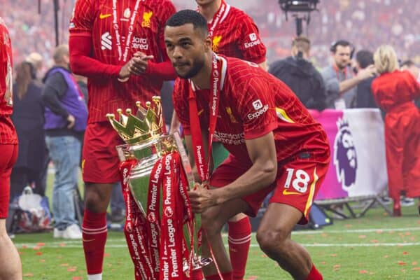 LIVERPOOL, ENGLAND - Sunday, May 25, 2025: Liverpool's Cody Gakpo celebrates with the trophy after the FA Premier League match between Liverpool FC and Crystal Palace FC at Anfield. (Photo by David Rawcliffe/Propaganda)