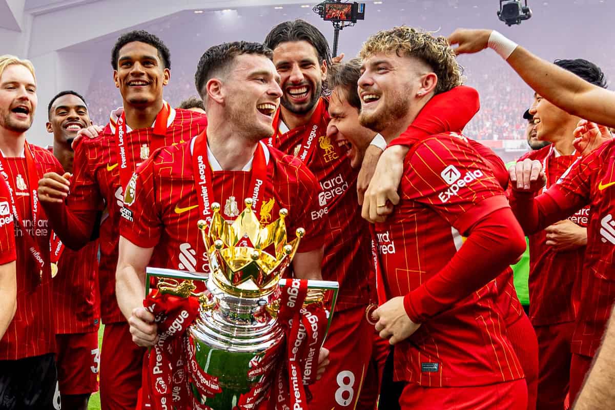 LIVERPOOL, ENGLAND - Sunday, May 25, 2025: Liverpool's Conor Bradley, Andy Robertson, Harvey Elliott, Alisson Becker celebrate with the trophy after the FA Premier League match between Liverpool FC and Crystal Palace FC at Anfield. (Photo by David Rawcliffe/Propaganda)