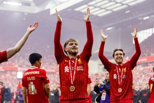 LIVERPOOL, ENGLAND - Sunday, May 25, 2025: Liverpool's Harvey Elliott celebrates after the FA Premier League match between Liverpool FC and Crystal Palace FC at Anfield. (Photo by David Rawcliffe/Propaganda)