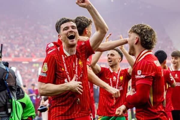 LIVERPOOL, ENGLAND - Sunday, May 25, 2025: Liverpool's Andy Robertson celebrates after the FA Premier League match between Liverpool FC and Crystal Palace FC at Anfield. (Photo by David Rawcliffe/Propaganda)